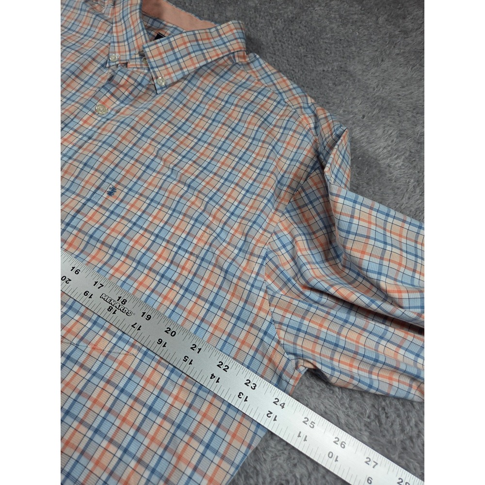 IZOD Button Down Shirt L Blue Peach Mens Plaid Premium Essentials Long Sleeve - Picture 9 of 10